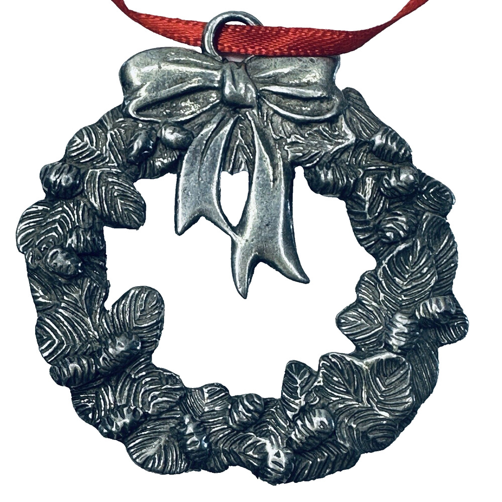 Seagull Pewter Christmas Ornament Hanging Silver Wreath w/Bow Etched 1983 VTG